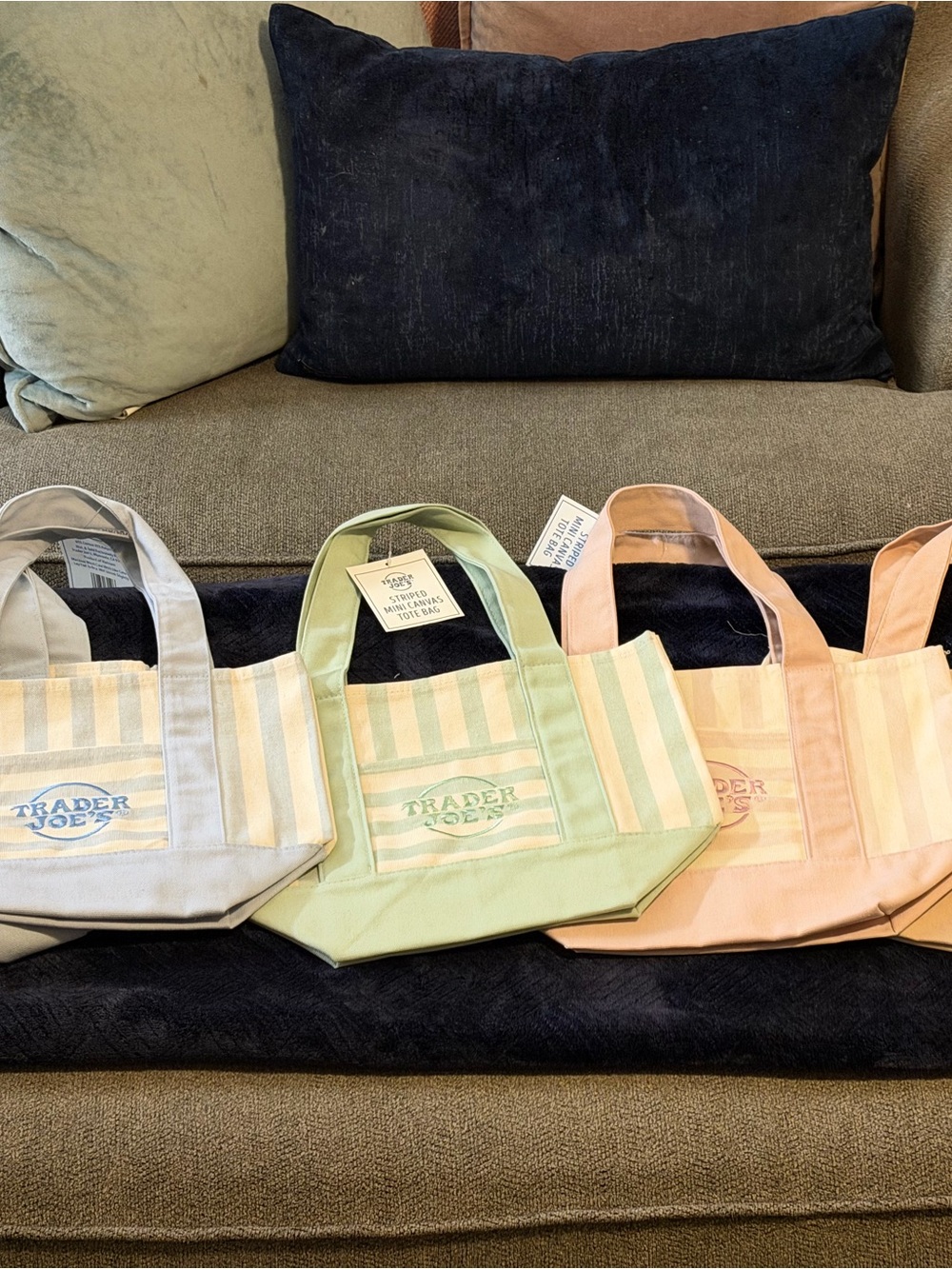Pastel Green Striped Canvas Tote Bag with Front Pocket